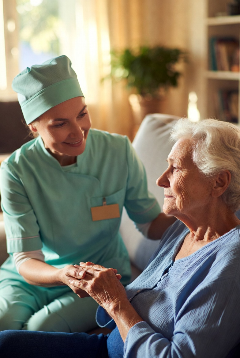 Care worker providing compassionate support to an elderly patient at home