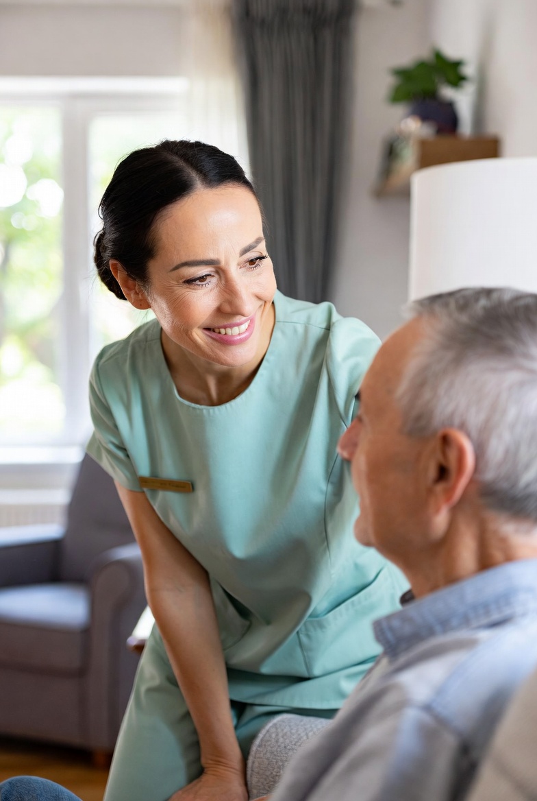 Compassionate caregiver providing in-home care to senior client